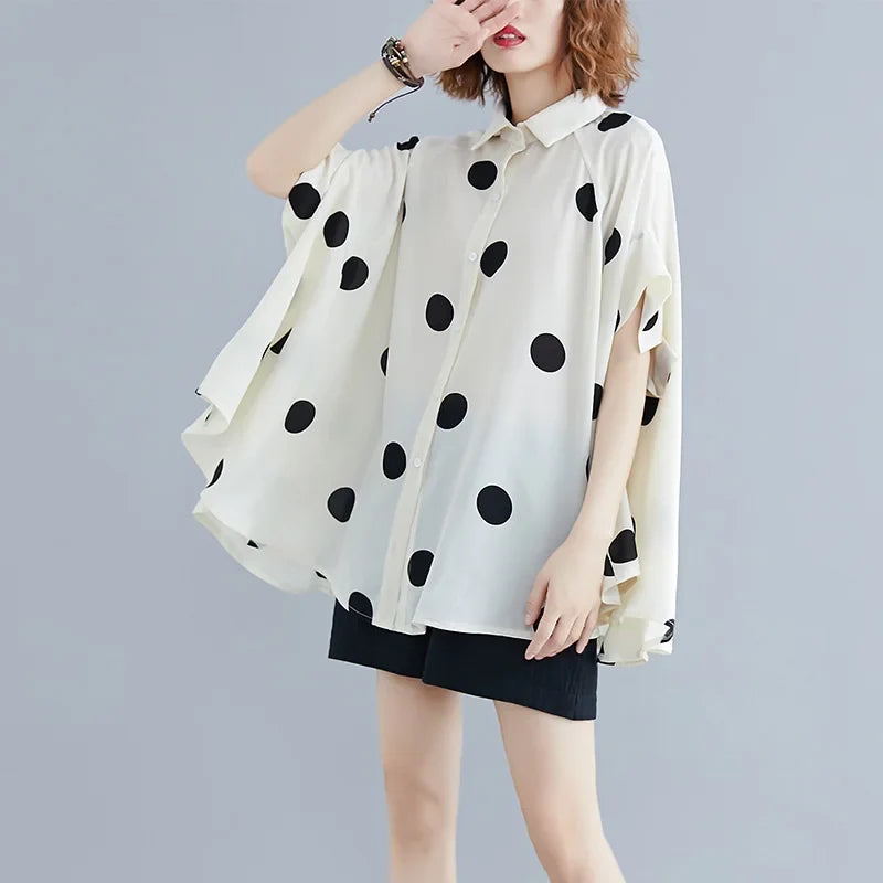 Black Vintage Polka Dot Print Blouse Women New Chiffon Lapel Short Sleeve Loose Casual Shirt Tops Fashion Summer Clothes 2026