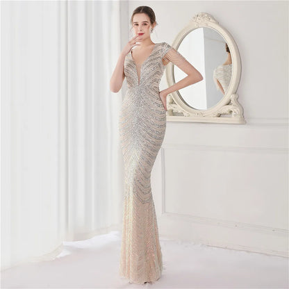 Elegant V Neck Mermaid Evening Dress Long Luxury Beads Women Evening Party Dresses 2025 New Formal Dress 19085