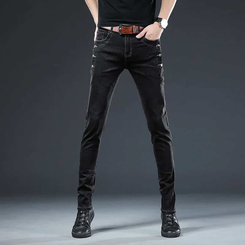 New Men Slim Button Black Skinny Jeans Solid Color Stretch Skateboard Multi-button Youth Male Denim Pants