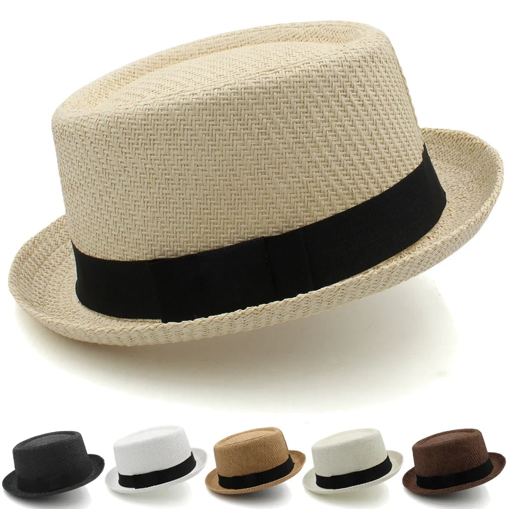 Men Women Classical Straw Pork Pie Hats Fedora Sunhats Trilby Caps Summer Boater Beach Outdoor Travel Party Size US 7 1/4 UK L