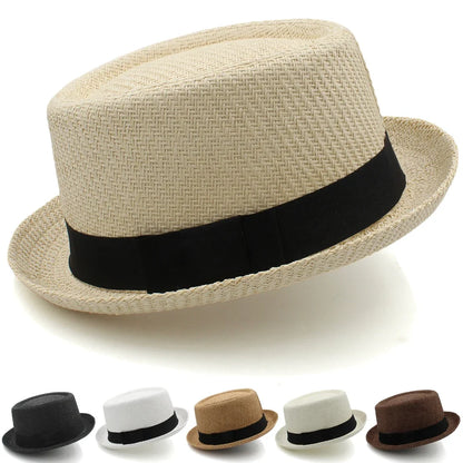 Men Women Classical Straw Pork Pie Hats Fedora Sunhats Trilby Caps Summer Boater Beach Outdoor Travel Party Size US 7 1/4 UK L