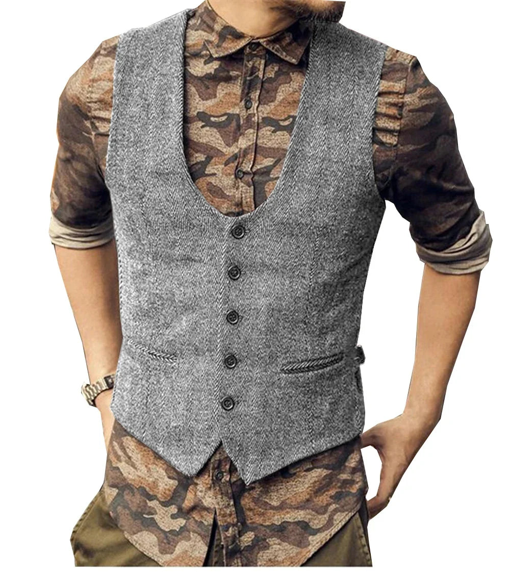 2022 Brown Men's Casual Herringbone Pattern Suit Vest Wool/Tweed Suit Vest U-neck Waistcoat Groomsmen For Wedding