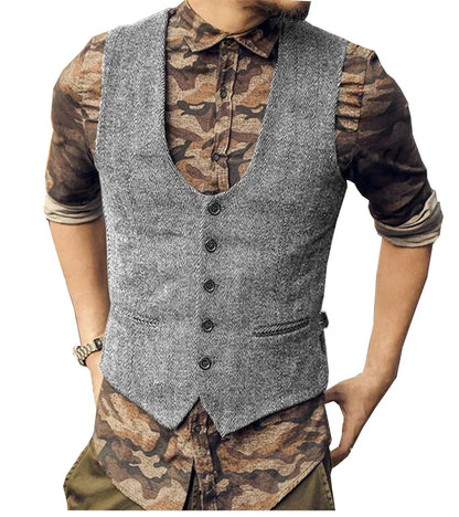 2022 Brown Men's Casual Herringbone Pattern Suit Vest Wool/Tweed Suit Vest U-neck Waistcoat Groomsmen For Wedding
