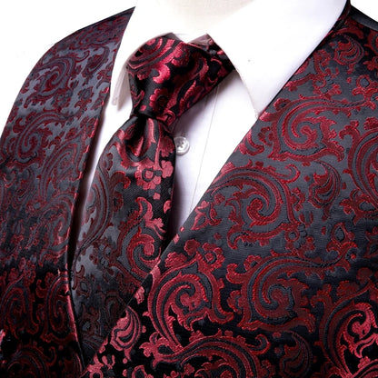 Silk Men's Vests and Tie Business Formal Dresses Slim Vest 4PC Necktie Hanky cufflinks for Suit Blue Paisley Floral Waistcoat