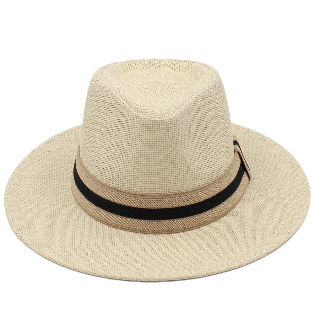 Men Women Straw Panama Hats Summer Wide Brim Bowtie Band Fedora Sunhats Trilby Caps Outdoor Beach Travel Size US 7 1/4 UK L