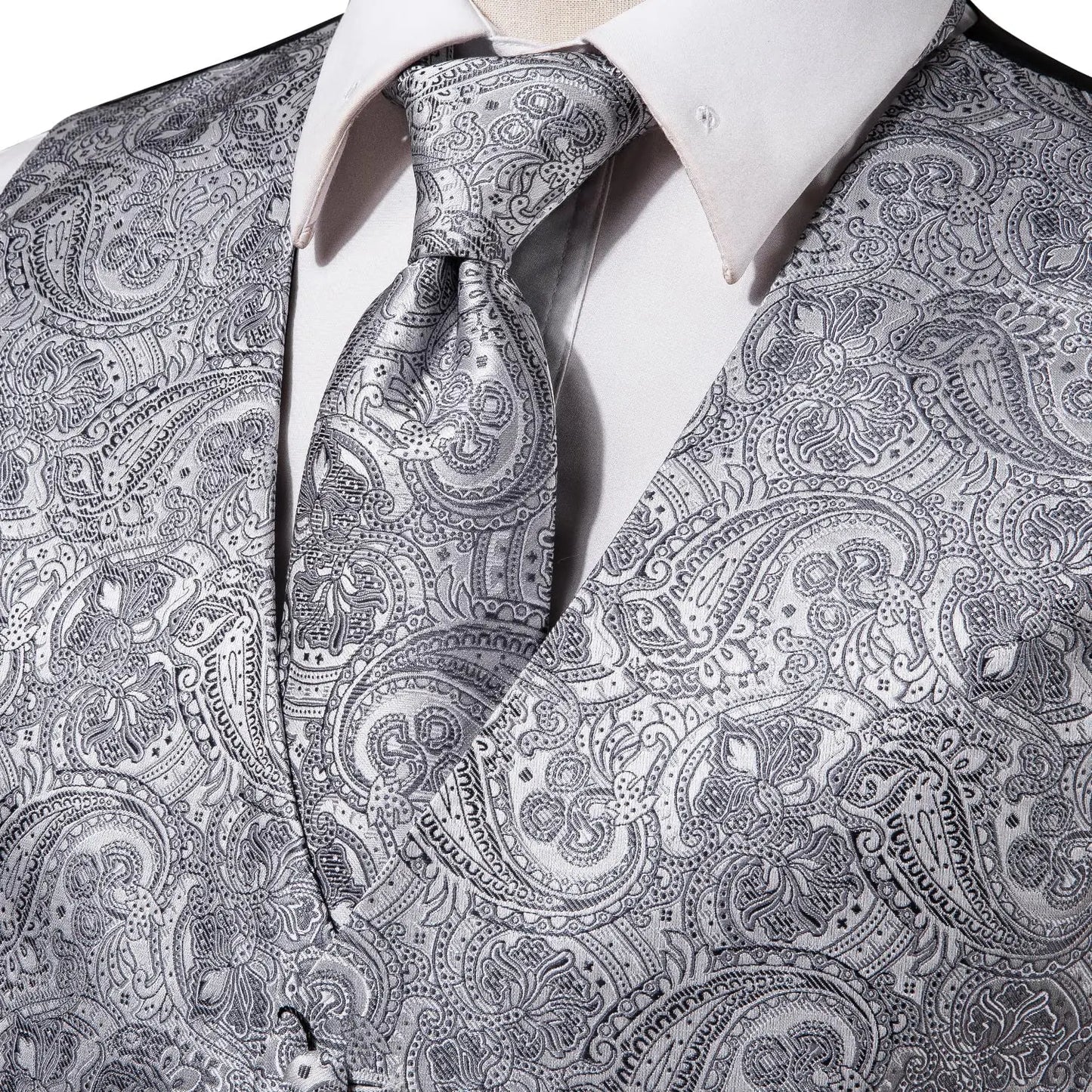 Navy Blue Mens Silk Vests Business Paisley V-Necl Waistcoat Tie Hanky Cufflinks Brooch Set for Men Suit Wedding Formal Hi-Tie