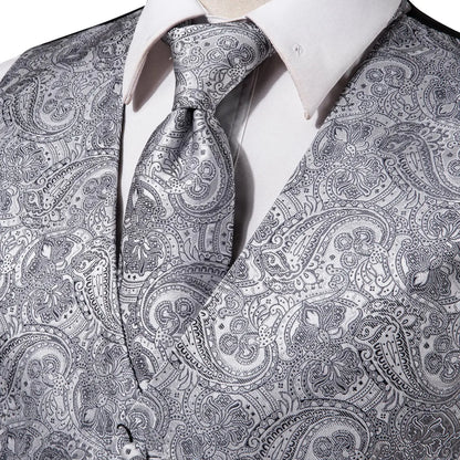 Navy Blue Mens Silk Vests Business Paisley V-Necl Waistcoat Tie Hanky Cufflinks Brooch Set for Men Suit Wedding Formal Hi-Tie