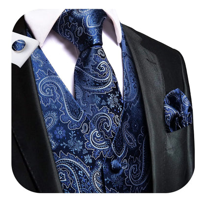 Luxury Men Silk Vest Gold Black Blue Red Green Purple Floral Waistcoat Tie Hanky Cufflinks Brooch Wedding Formal Business