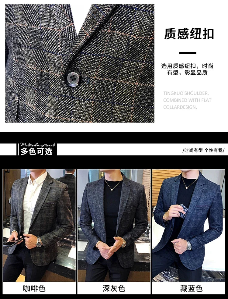 British's Style Vintage Plaid Blazer Men Casual Slim Fit Suit Jacket Single Button Business Social Blazer Plus Size M-5XL Hombre