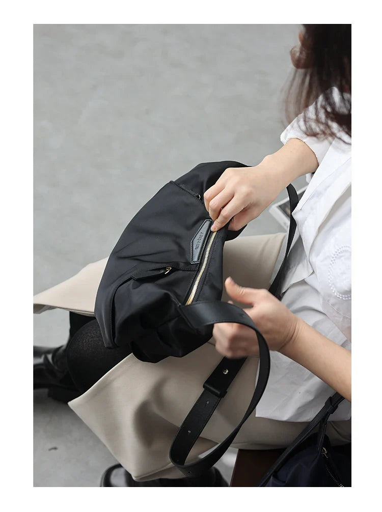 Lightweight Nylon Matching Genuine Leather Crossbody Bag High Quality Single Shoulder Bags Fashion Pleated Messenger Purses