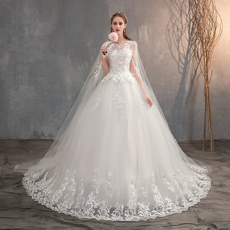 2024 Chinese Wedding Dress With Long Cap Lace Wedding Gown With Long Train Embroidery Princess Plus Szie Bridal Dress Customized