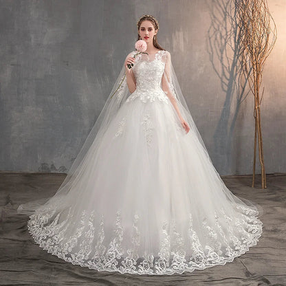 2024 Chinese Wedding Dress With Long Cap Lace Wedding Gown With Long Train Embroidery Princess Plus Szie Bridal Dress Customized