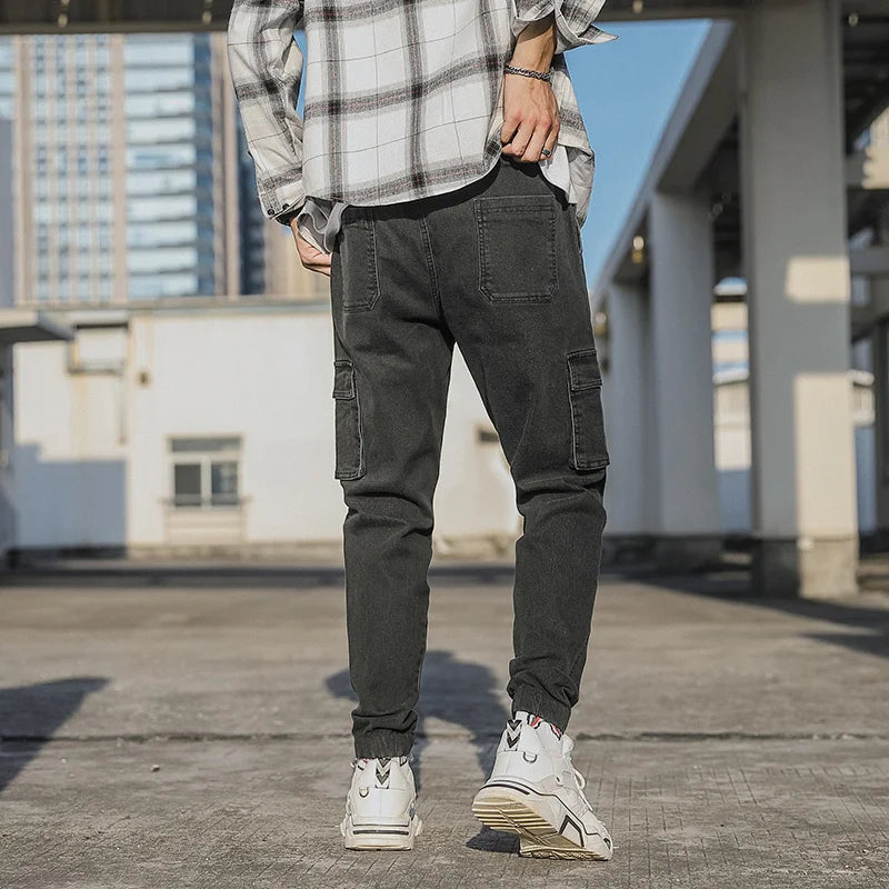 Men's Jogger Jeans Washed Cotton Slight Stretch Multi-Pockets Denim Cargo Pants Asian Size L-6XL