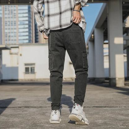 Men's Jogger Jeans Washed Cotton Slight Stretch Multi-Pockets Denim Cargo Pants Asian Size L-6XL
