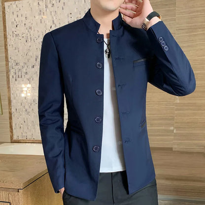 2026 New Men's Black Blazers Coat, Masculino Single Breasted Stand Up Collar Men Long-Sleeved Terno Jacket, Blue Red Overcoat