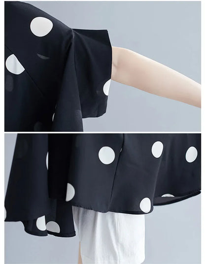 Black Vintage Polka Dot Print Blouse Women New Chiffon Lapel Short Sleeve Loose Casual Shirt Tops Fashion Summer Clothes 2026
