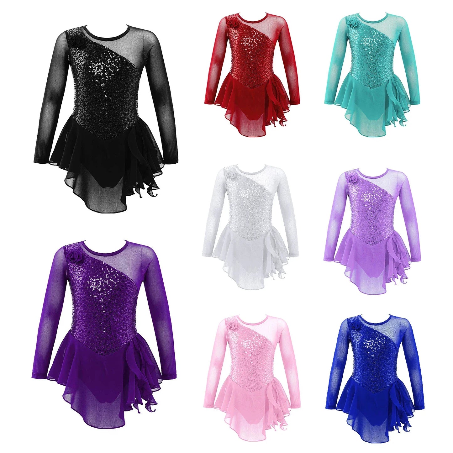 Girls Figure Ice Skating Dress Sparkly Sequin Gymnastics Dance Ballet Tutu Leotard Kids Long Sleeve Mesh Splice Dance Costume