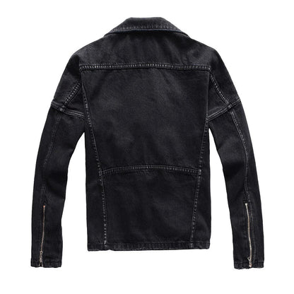 Men's Zippers Black Biker Jean Jacket Streetwear Thick Denim Slim Coat with Belt High Quality