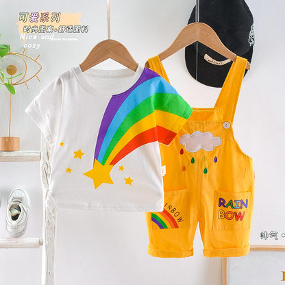 Summer Baby Boys Girls Clothes Infant Cotton Rainbow T Shirt Bib Pants 2pcs/Set Kids Garment Children Casual Sport Suit 0-4 Year