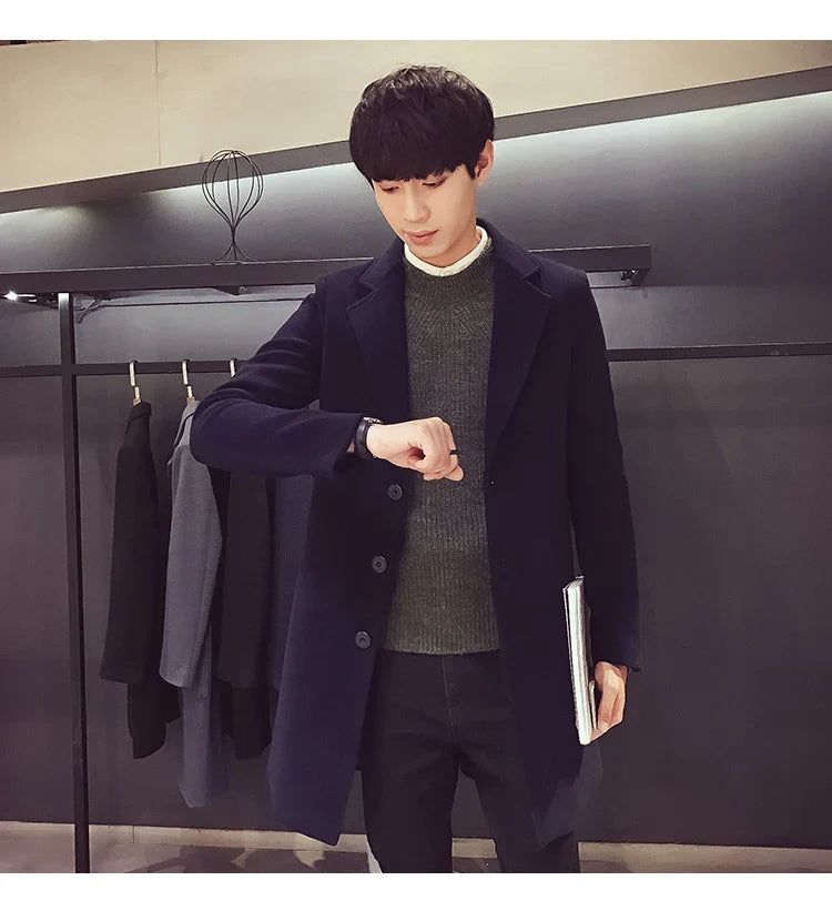 Men Long Cotton Coat 2025 Autumn Winter Wool Blend Pure Color Business Casual Slim Fit Windbreaker Jacket Fashion Men Clothing