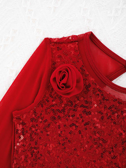 Girls Figure Ice Skating Dress Sparkly Sequin Gymnastics Dance Ballet Tutu Leotard Kids Long Sleeve Mesh Splice Dance Costume