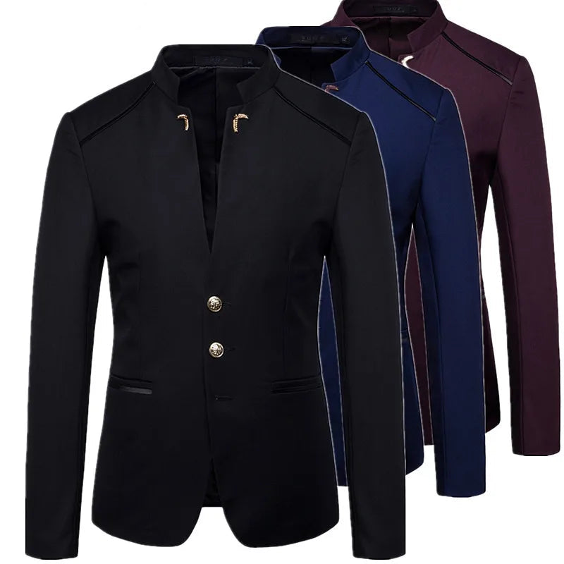 Men's Black Stand Up Collar Blazer Coat, Wedding Party Dress Jacket, Asia Sizes Slim-Fit Single Breasted Jaqueta, Blue Red Tops.