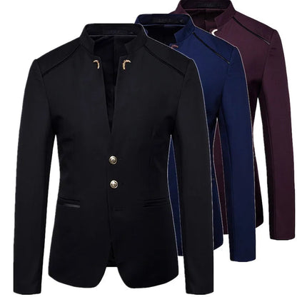 Men's Black Stand Up Collar Blazer Coat, Wedding Party Dress Jacket, Asia Sizes Slim-Fit Single Breasted Jaqueta, Blue Red Tops.