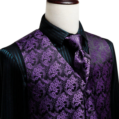 Silk Mens Vests Sleeveless Waist Jacket Jacquard Black Orange Floral Waistcoat Tie Hanky Cufflinks Set for Men Casual XXL