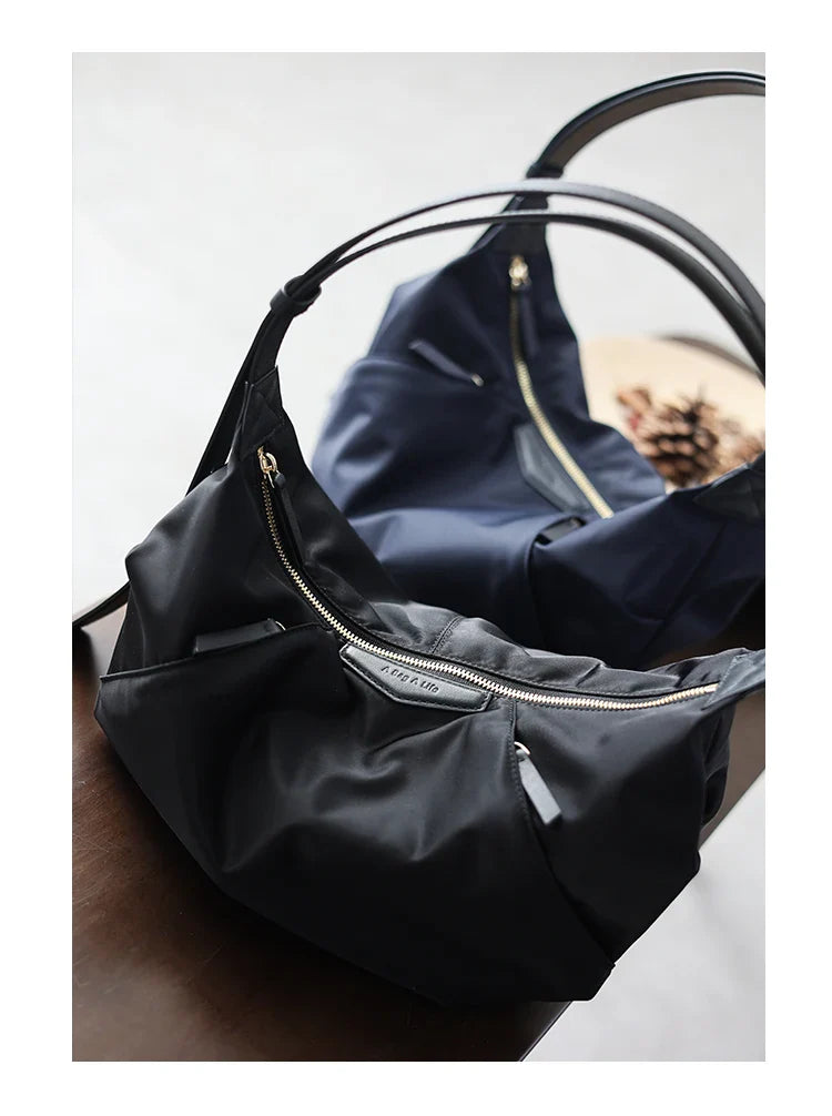 Lightweight Nylon Matching Genuine Leather Crossbody Bag High Quality Single Shoulder Bags Fashion Pleated Messenger Purses