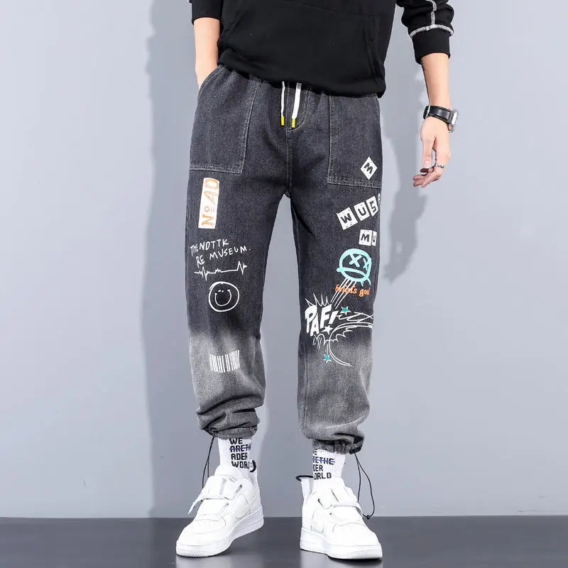 Printing Jeans Men's Gradient Hip Hop Trousers Harem Cartoon Loose Casual Ankle Banded Pants Cargo Denim Jeans Fashion