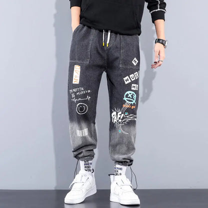 Printing Jeans Men's Gradient Hip Hop Trousers Harem Cartoon Loose Casual Ankle Banded Pants Cargo Denim Jeans Fashion