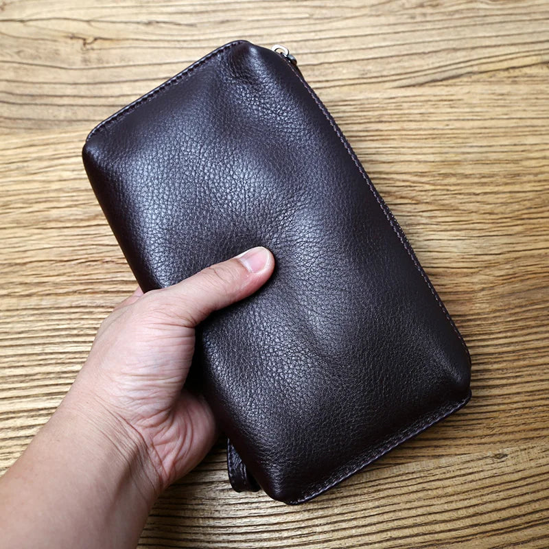 Leather Leisure Man With Long Purse, Soft Leather, Hand Zipper, Money Chuck Layer, Cowhide Credit Card Bag, Cell Phone Bag