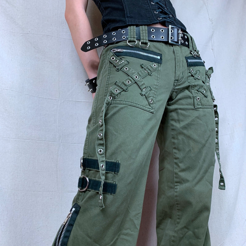 Women's Pants Gothic Punk Baggy Vintage Kawaii Trousers Bandage Low Waist Cargo Pants Grunge Green Zipper Jeans Korea Sweatpants