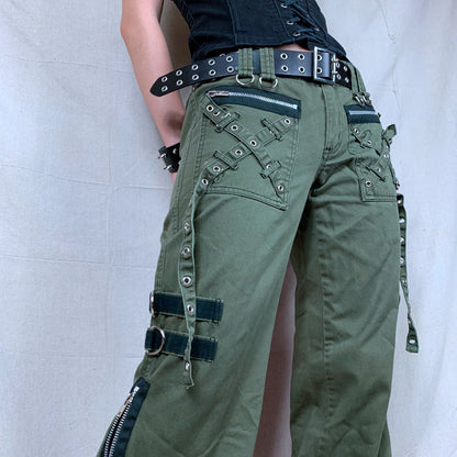 Women's Pants Gothic Punk Baggy Vintage Kawaii Trousers Bandage Low Waist Cargo Pants Grunge Green Zipper Jeans Korea Sweatpants