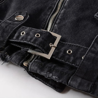 Men's Zippers Black Biker Jean Jacket Streetwear Thick Denim Slim Coat with Belt High Quality