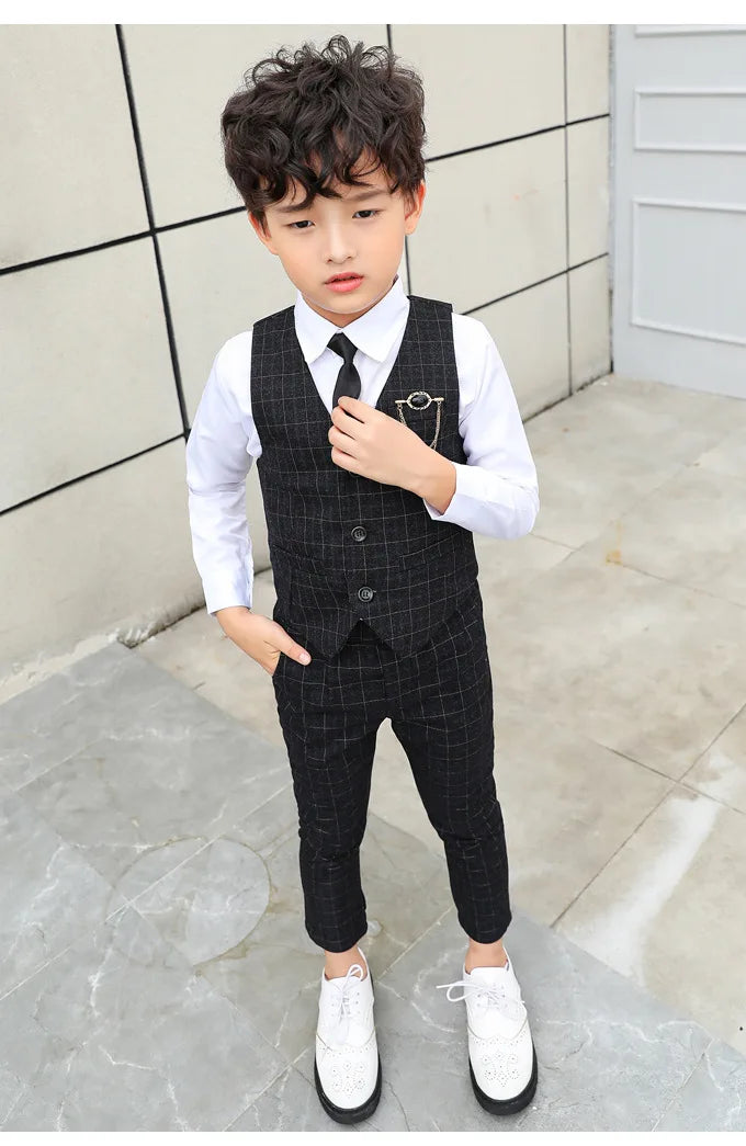 Boy Plaid Vest Blazer Kids Waistcoat Wedding Clothes Set Toddler Formal Dress Suit Child Brooch Shirt Pant Baby Gentlemen Outfit