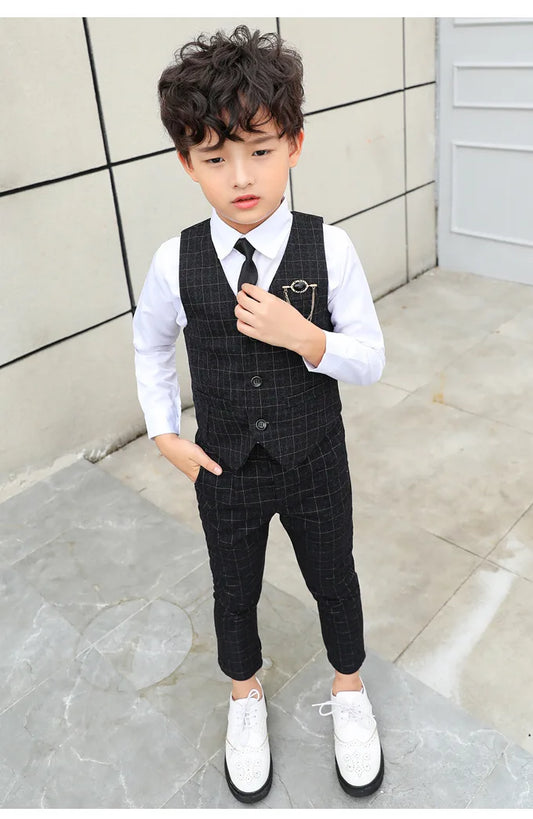 Boy Plaid Vest Blazer Kids Waistcoat Wedding Clothes Set Toddler Formal Dress Suit Child Brooch Shirt Pant Baby Gentlemen Outfit