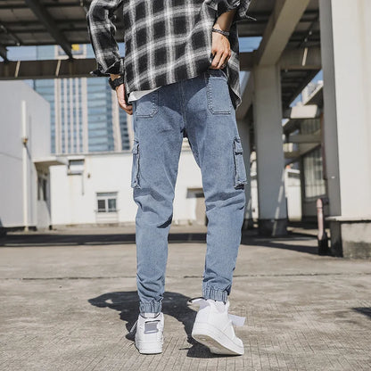 Men's Jogger Jeans Washed Cotton Slight Stretch Multi-Pockets Denim Cargo Pants Asian Size L-6XL