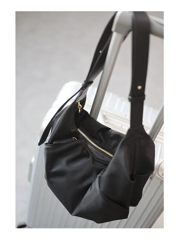 Lightweight Nylon Matching Genuine Leather Crossbody Bag High Quality Single Shoulder Bags Fashion Pleated Messenger Purses