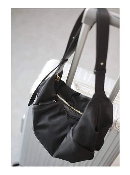 Lightweight Nylon Matching Genuine Leather Crossbody Bag High Quality Single Shoulder Bags Fashion Pleated Messenger Purses