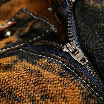 3D Black Patch Brown Jeans Men's High Street Pure Cotton Frayed Hole Fishing Net Decoration Elastic Comfortable Pants New