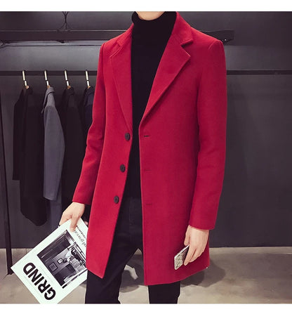 Men Long Cotton Coat 2025 Autumn Winter Wool Blend Pure Color Business Casual Slim Fit Windbreaker Jacket Fashion Men Clothing
