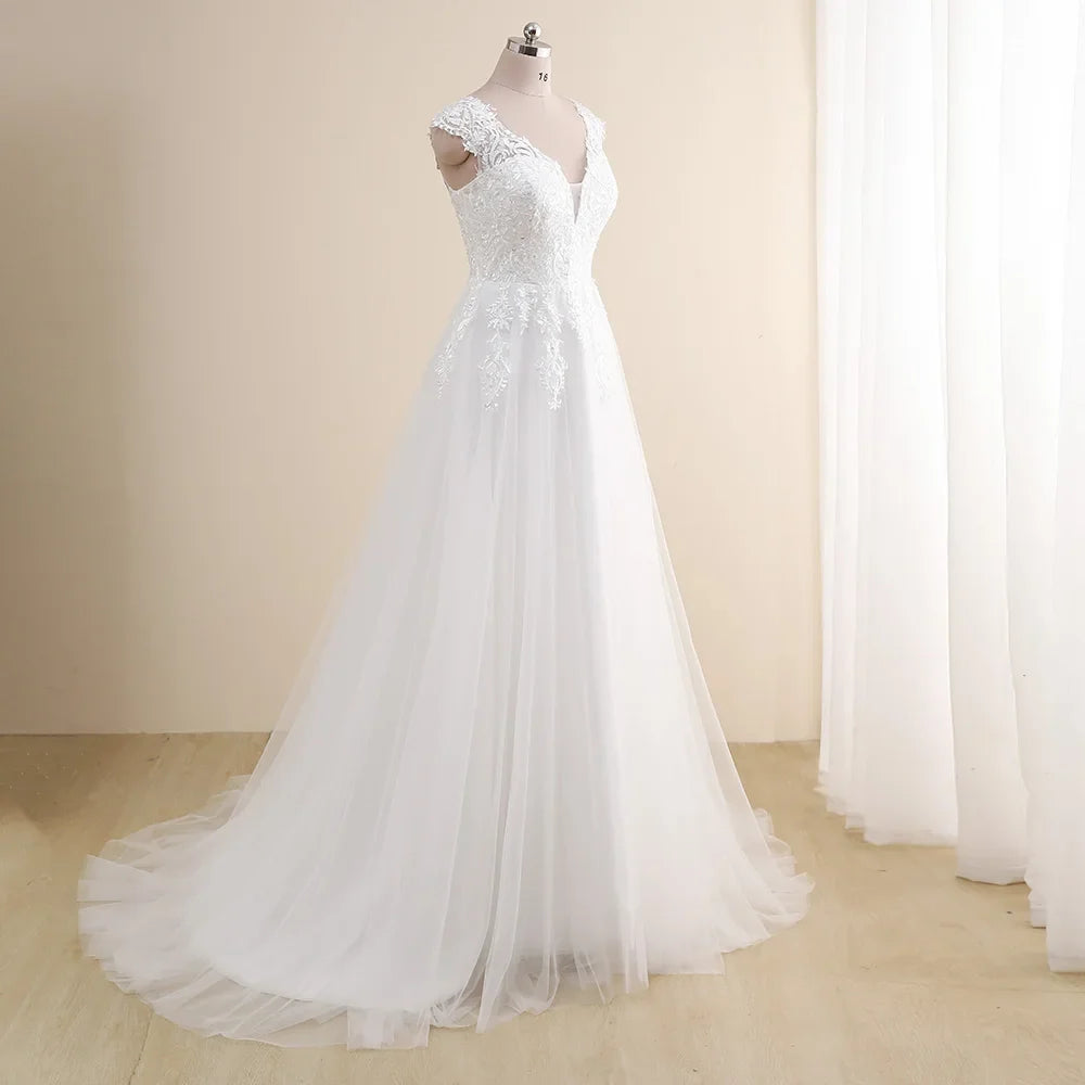 Amazing Wedding Dress Plus Size Customized V neck Cap Sleeve A Line Gowns Tulle Lace Applique Robe De Mariee Bridal Gown