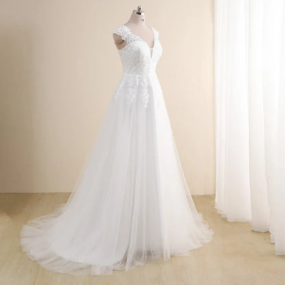 Amazing Wedding Dress Plus Size Customized V neck Cap Sleeve A Line Gowns Tulle Lace Applique Robe De Mariee Bridal Gown