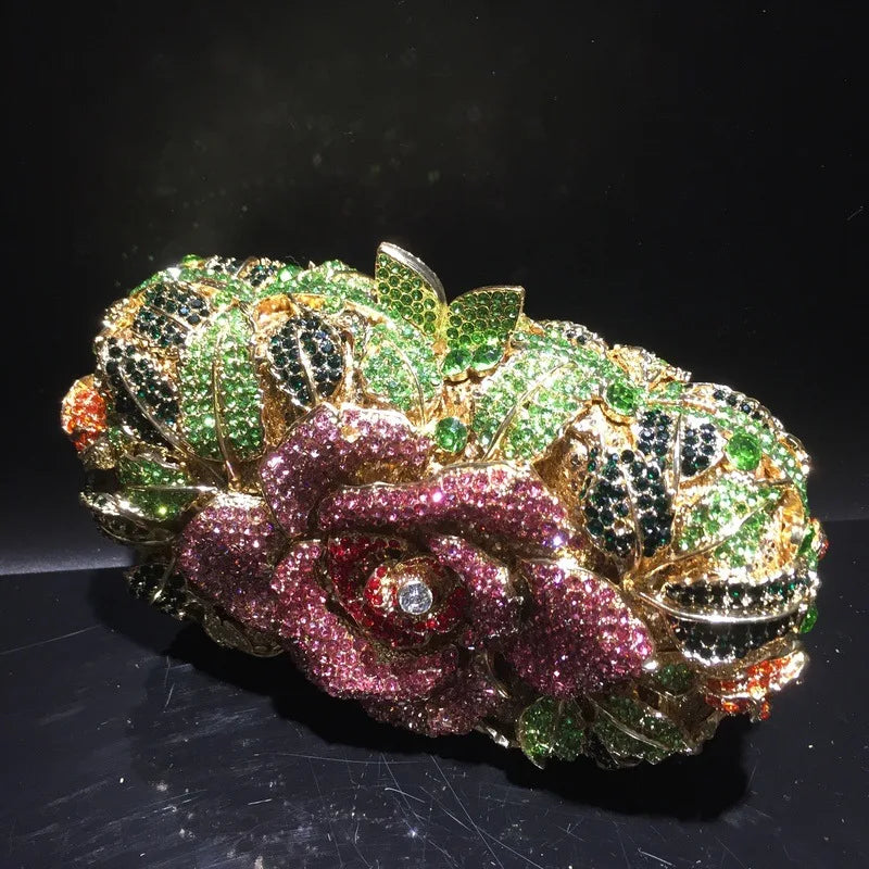 Green Pink Multicolored Rose Crystal Women Evening Clutches Bags Diamond Wedding Cocktail Party Purse And Stone Handbag