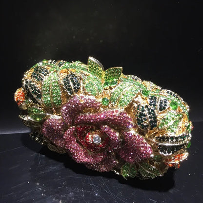 Green Pink Multicolored Rose Crystal Women Evening Clutches Bags Diamond Wedding Cocktail Party Purse And Stone Handbag