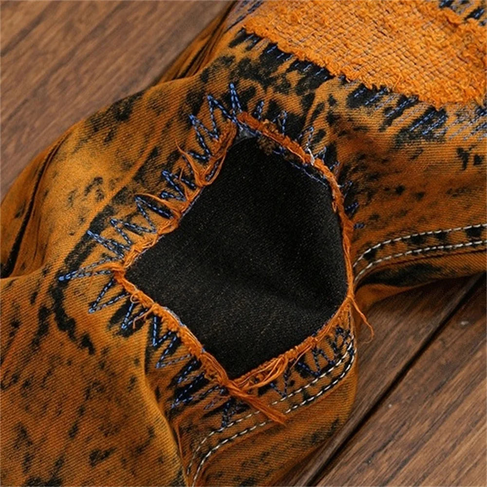 3D Black Patch Brown Jeans Men's High Street Pure Cotton Frayed Hole Fishing Net Decoration Elastic Comfortable Pants New