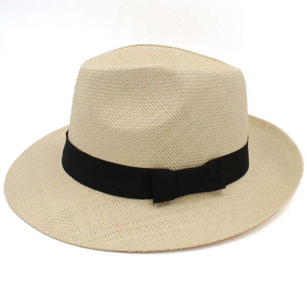 Men Women Straw Panama Hats Summer Fedora Sunhats Bowtie Band Party Trilby Caps Outdoor Sombrero Travel Size US 7 1/4 UK L