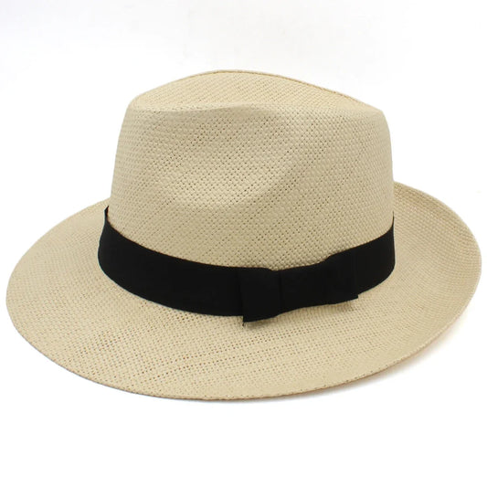 Men Women Straw Panama Hats Summer Fedora Sunhats Bowtie Band Party Trilby Caps Outdoor Sombrero Travel Size US 7 1/4 UK L