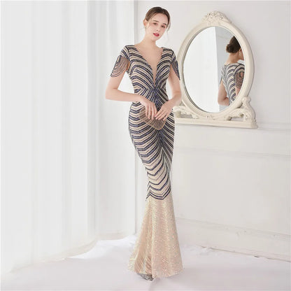 Elegant V Neck Mermaid Evening Dress Long Luxury Beads Women Evening Party Dresses 2025 New Formal Dress 19085